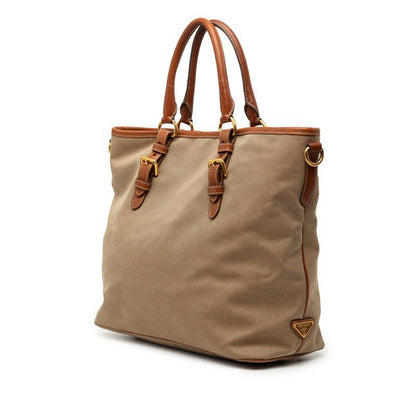 Prada Logo Jacquard Tote Shoulder Bag 2-Way Beige Brown Canvas Leather