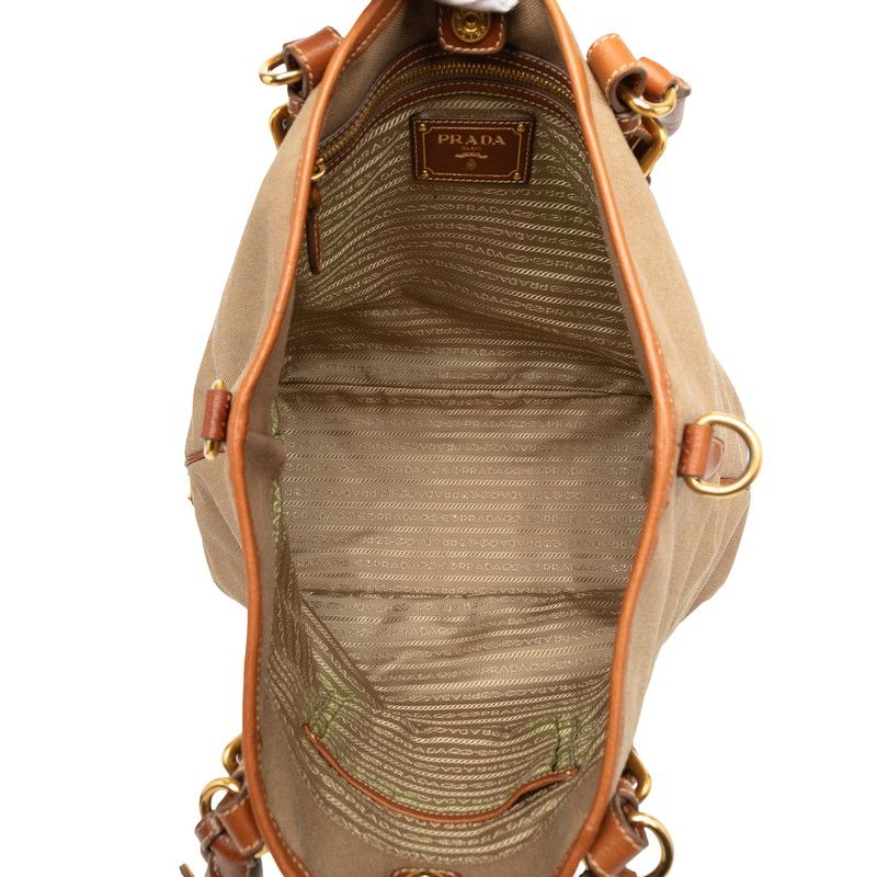 Prada Logo Jacquard Tote Shoulder Bag 2-Way Beige Brown Canvas Leather