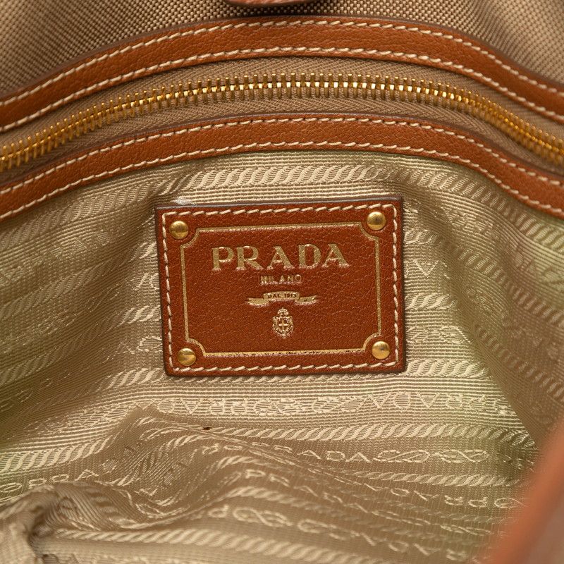 Prada Logo Jacquard Tote Shoulder Bag 2-Way Beige Brown Canvas Leather