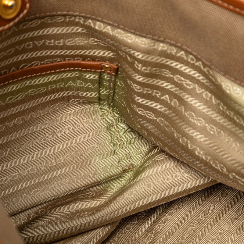 Prada Logo Jacquard Tote Shoulder Bag 2-Way Beige Brown Canvas Leather