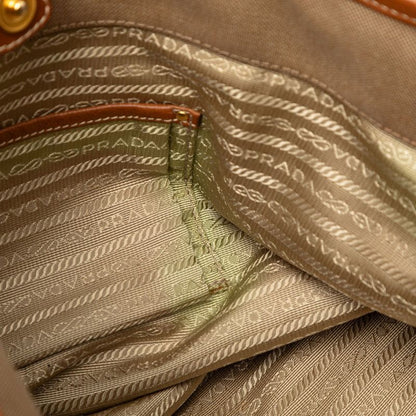 Prada Logo Jacquard Tote Shoulder Bag 2-Way Beige Brown Canvas Leather