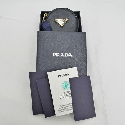 Prada Saffiano Triangle Coin Case Round Nero 006 Gold