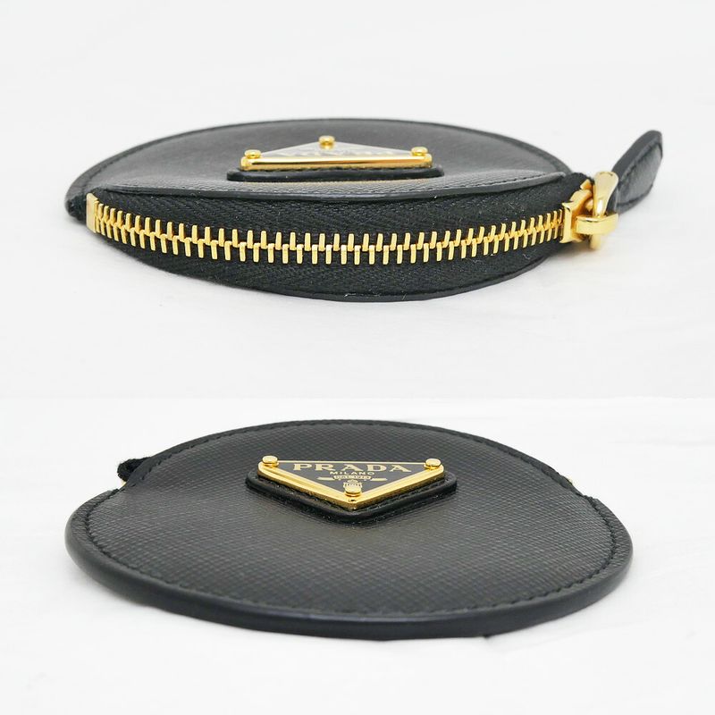 Prada Saffiano Triangle Coin Case Round Nero 006 Gold