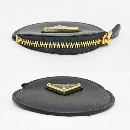 Prada Saffiano Triangle Coin Case Round Nero 006 Gold