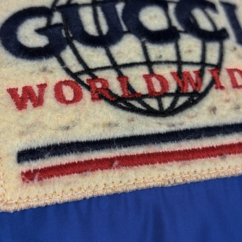 Gucci Patch Logo Down Jacket Cut Replacement Hooded Zip Up Blue - Red