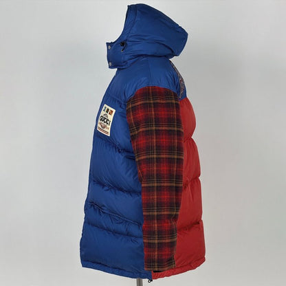 Gucci Patch Logo Down Jacket Cut Replacement Hooded Zip Up Blue - Red