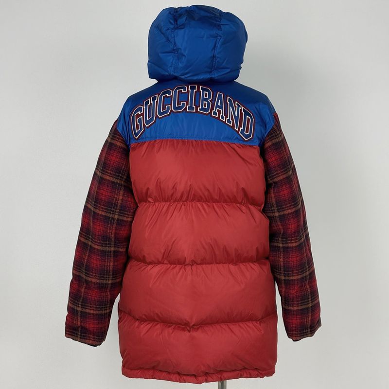 Gucci Patch Logo Down Jacket Cut Replacement Hooded Zip Up Blue - Red