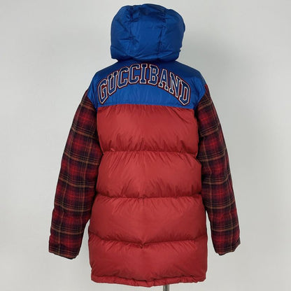 Gucci Patch Logo Down Jacket Cut Replacement Hooded Zip Up Blue - Red