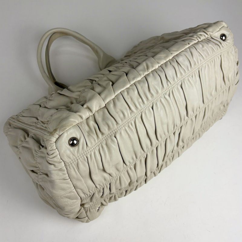 Prada Logo Tote Gathered Leather White