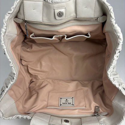 Prada Logo Tote Gathered Leather White