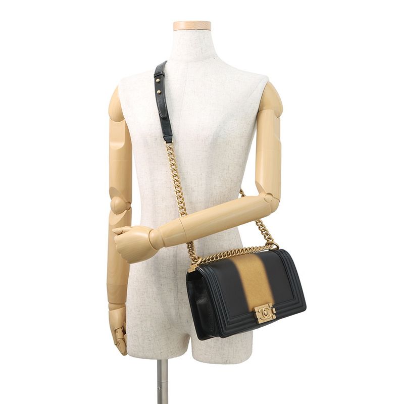 Chanel Chain Shoulder Bag Boy Striped Leather Black
