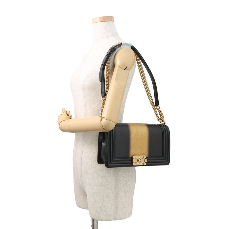 Chanel Chain Shoulder Bag Boy Striped Leather Black
