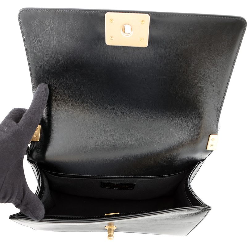 Chanel Chain Shoulder Bag Boy Striped Leather Black