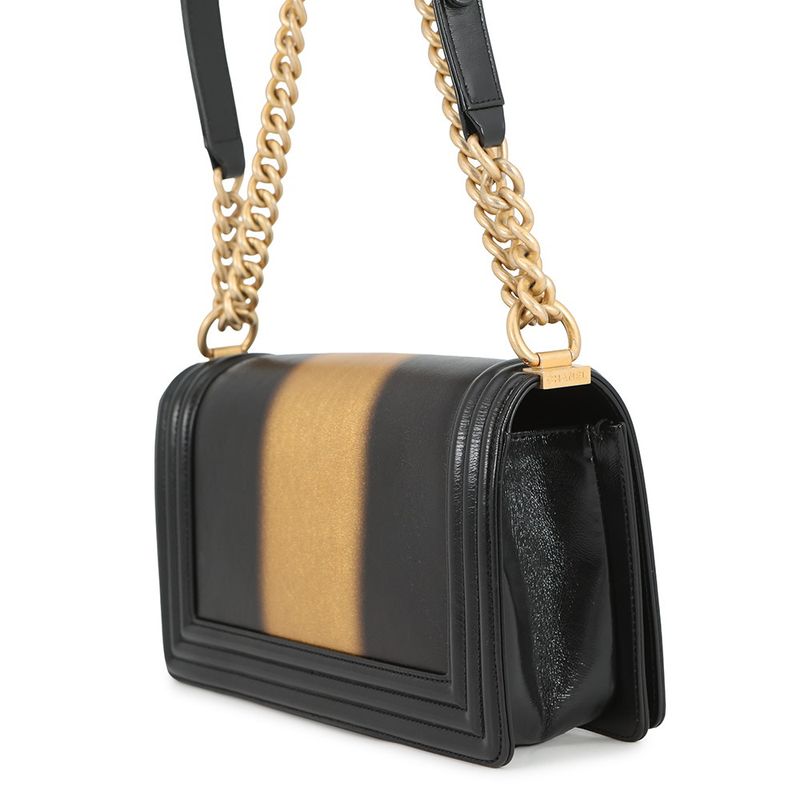 Chanel Chain Shoulder Bag Boy Striped Leather Black