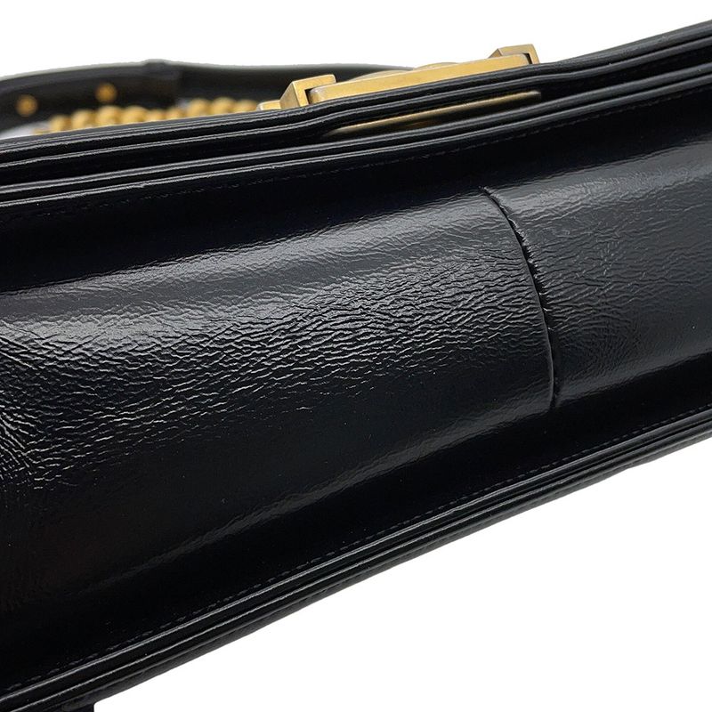 Chanel Chain Shoulder Bag Boy Striped Leather Black