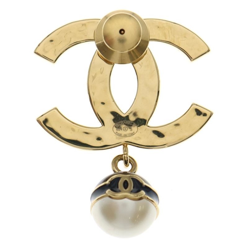 Chanel CC Logo Faux Pearl Brooch Black Gold
