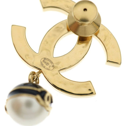 Chanel CC Logo Faux Pearl Brooch Black Gold