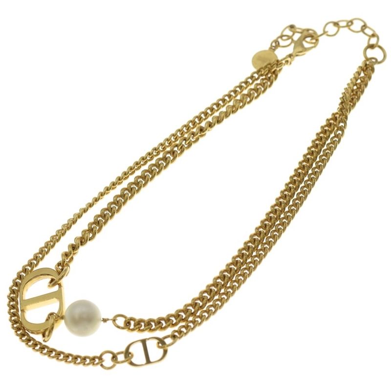 Dior CD Logo Pearl Double Chain Necklace Pendant Gold