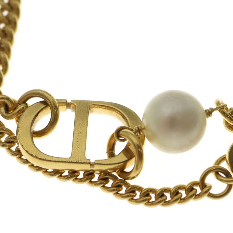Dior CD Logo Pearl Double Chain Necklace Pendant Gold