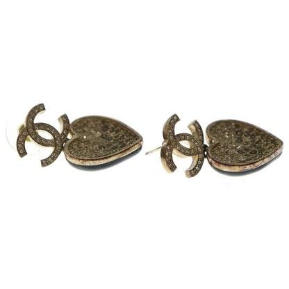 Chanel Rhinestone CC Logo Heart Earrings Set of 2 Black Gold