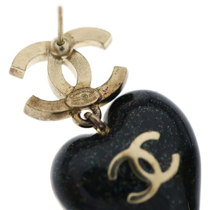 Chanel Rhinestone CC Logo Heart Earrings Set of 2 Black Gold