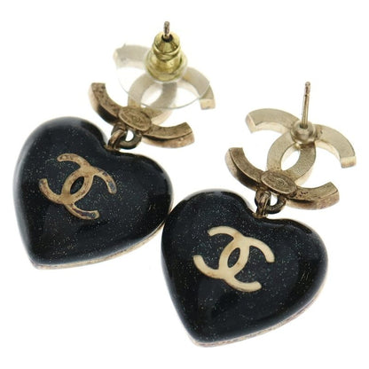Chanel Rhinestone CC Logo Heart Earrings Set of 2 Black Gold