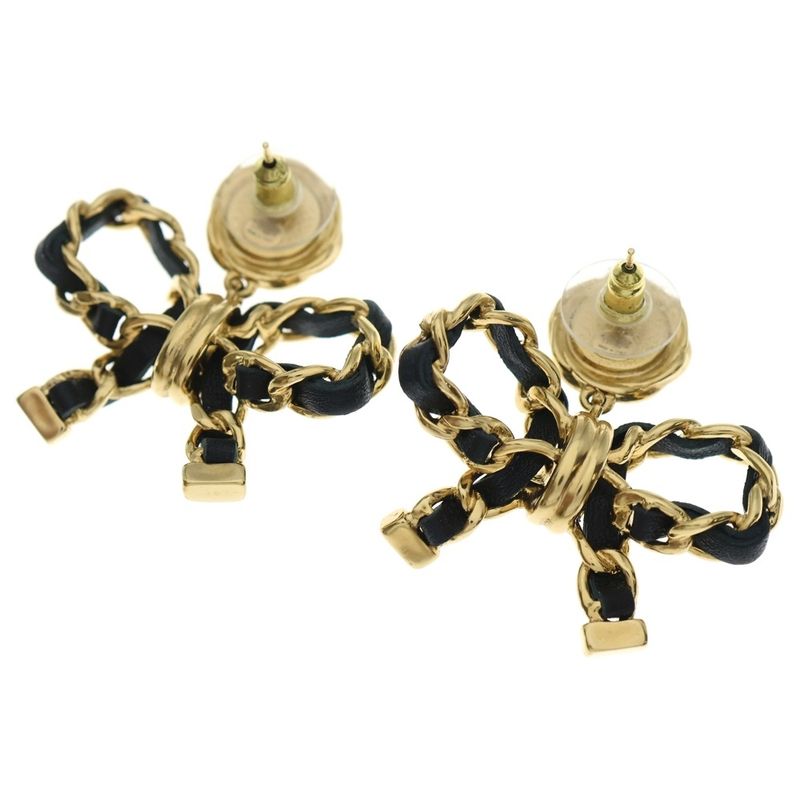 Chanel CC Logo Ribbon Earrings Set of 2 Black Gold