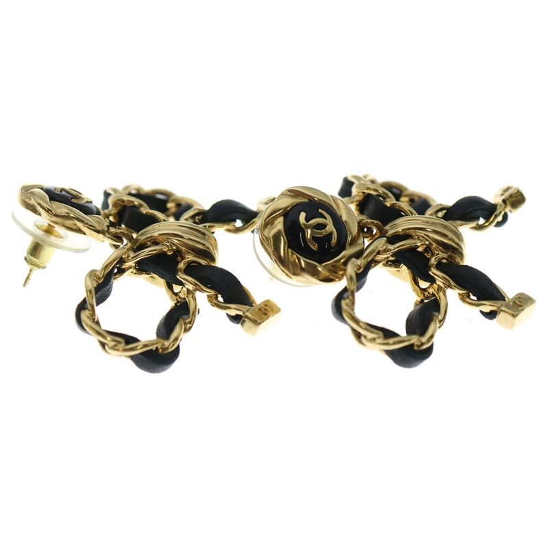 Chanel CC Logo Ribbon Earrings Set of 2 Black Gold