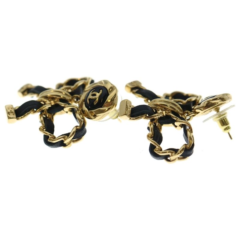 Chanel CC Logo Ribbon Earrings Set of 2 Black Gold