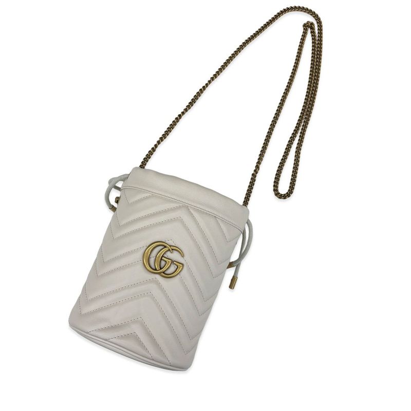 Gucci GG Marmont Bucket Bag Drawstring Crossbody Chain Double Heart White
