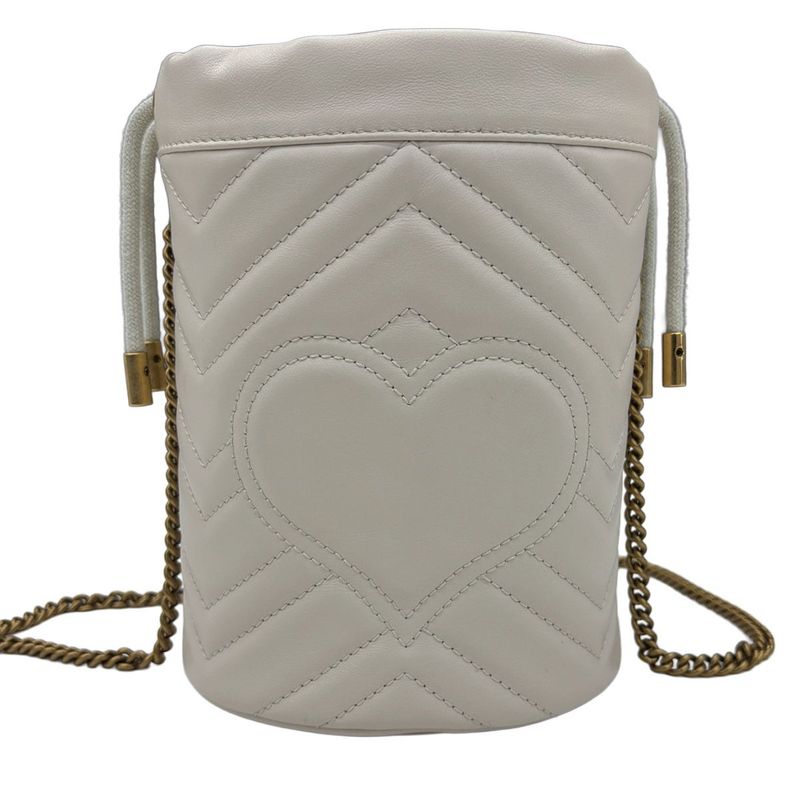 Gucci GG Marmont Bucket Bag Drawstring Crossbody Chain Double Heart White