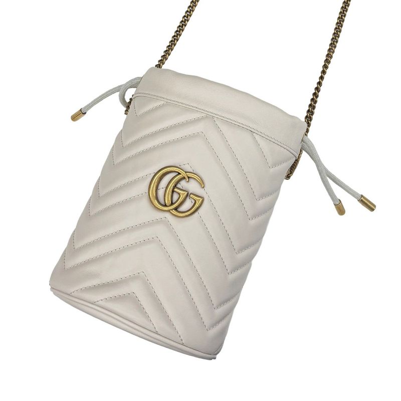 Gucci GG Marmont Bucket Bag Drawstring Crossbody Chain Double Heart White