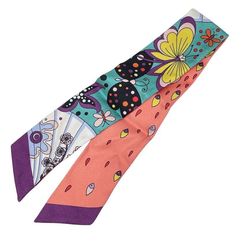 Bvlgari Lappi Scarf Twilly Ribbon All Over Pattern Purple Pink Multicolor