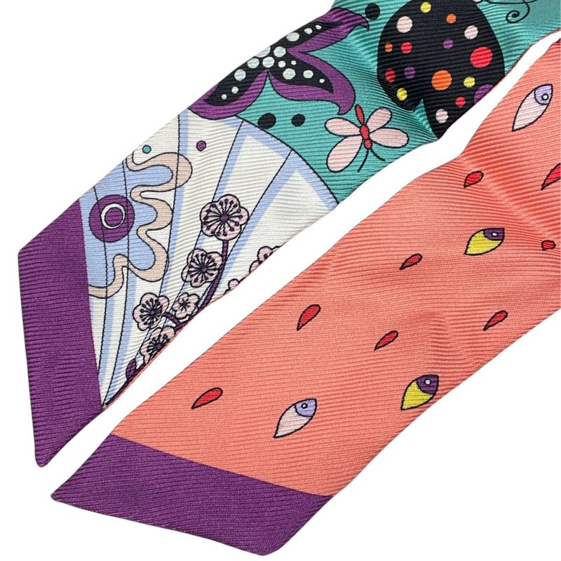 Bvlgari Lappi Scarf Twilly Ribbon All Over Pattern Purple Pink Multicolor