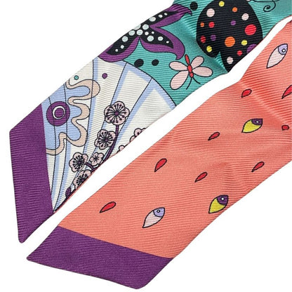 Bvlgari Lappi Scarf Twilly Ribbon All Over Pattern Purple Pink Multicolor