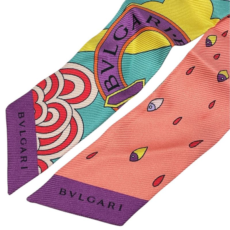 Bvlgari Lappi Scarf Twilly Ribbon All Over Pattern Purple Pink Multicolor