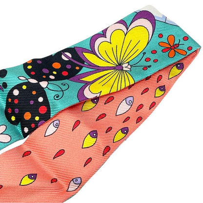 Bvlgari Lappi Scarf Twilly Ribbon All Over Pattern Purple Pink Multicolor