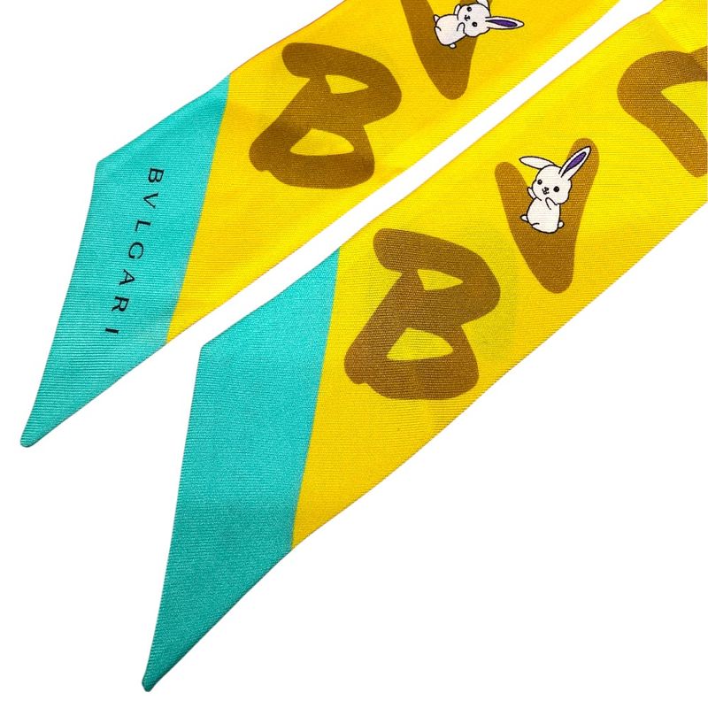 Bvlgari Lappi Scarf Twilly Ribbon Rabbit Logo Silk Yellow Orange Yelloworange