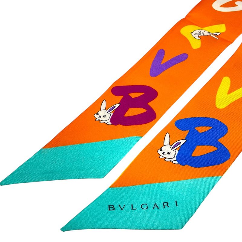 Bvlgari Lappi Scarf Twilly Ribbon Rabbit Logo Silk Yellow Orange Yelloworange