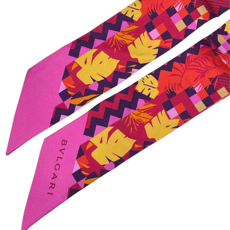 Bvlgari Wrap Scarf Twilly Ribbon Logo Silk Red Pink Red Pink Multicolor