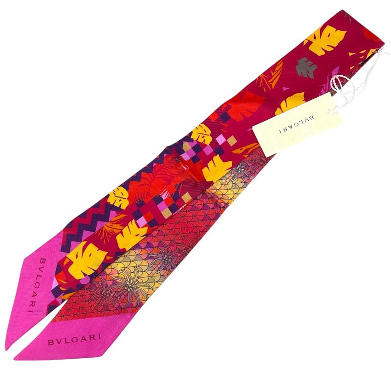 Bvlgari Wrap Scarf Twilly Ribbon Logo Silk Red Pink Red Pink Multicolor
