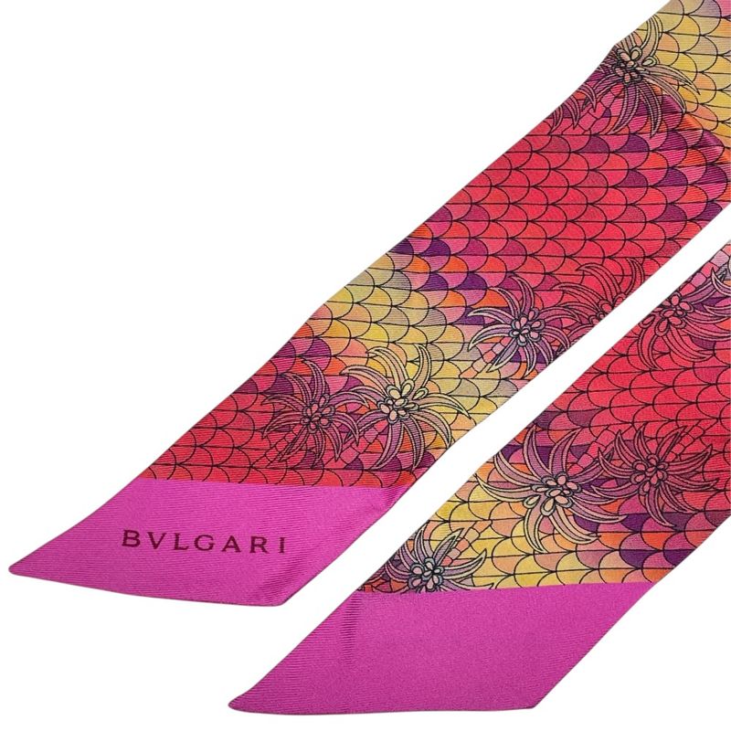 Bvlgari Wrap Scarf Twilly Ribbon Logo Silk Red Pink Red Pink Multicolor