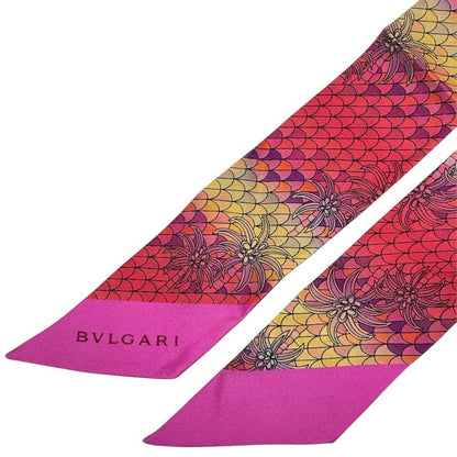 Bvlgari Wrap Scarf Twilly Ribbon Logo Silk Red Pink Red Pink Multicolor