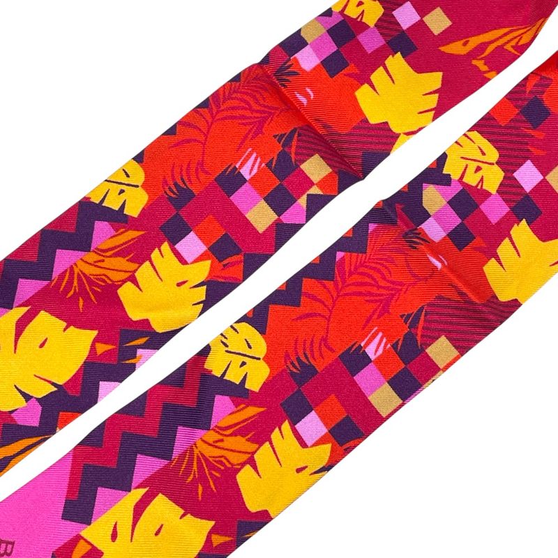 Bvlgari Wrap Scarf Twilly Ribbon Logo Silk Red Pink Red Pink Multicolor
