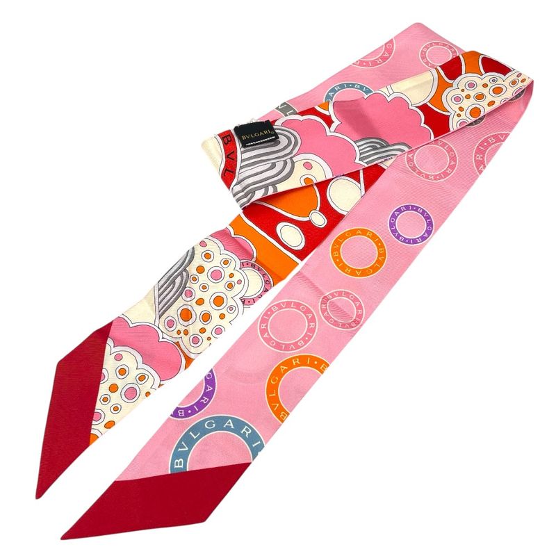 Bvlgari Serpenti Wrappy Scarf Twilly Ribbon Silk Red Pink Red Pink Multicolor