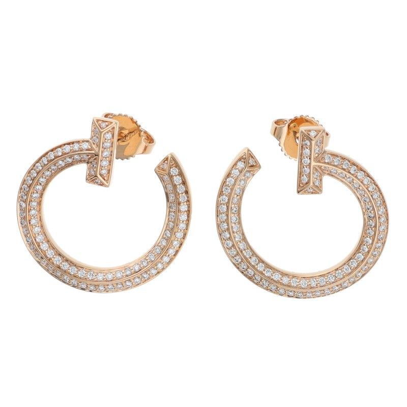 Tiffany & Co T One Open Hoop 18K Pink Gold Pave Diamond Earrings