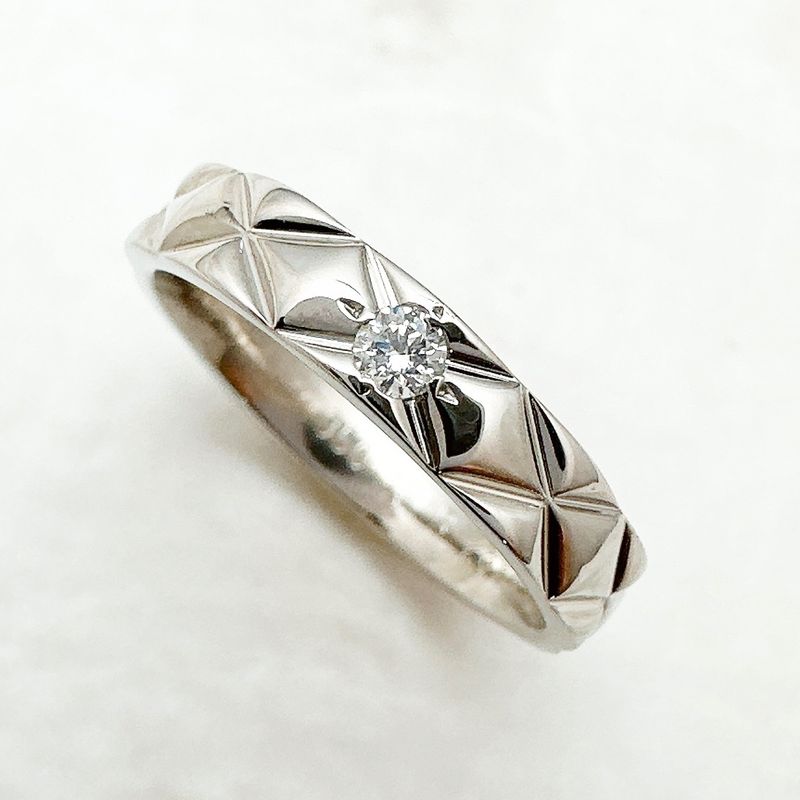 Chanel Quilted Diamond Platinum Ring 49