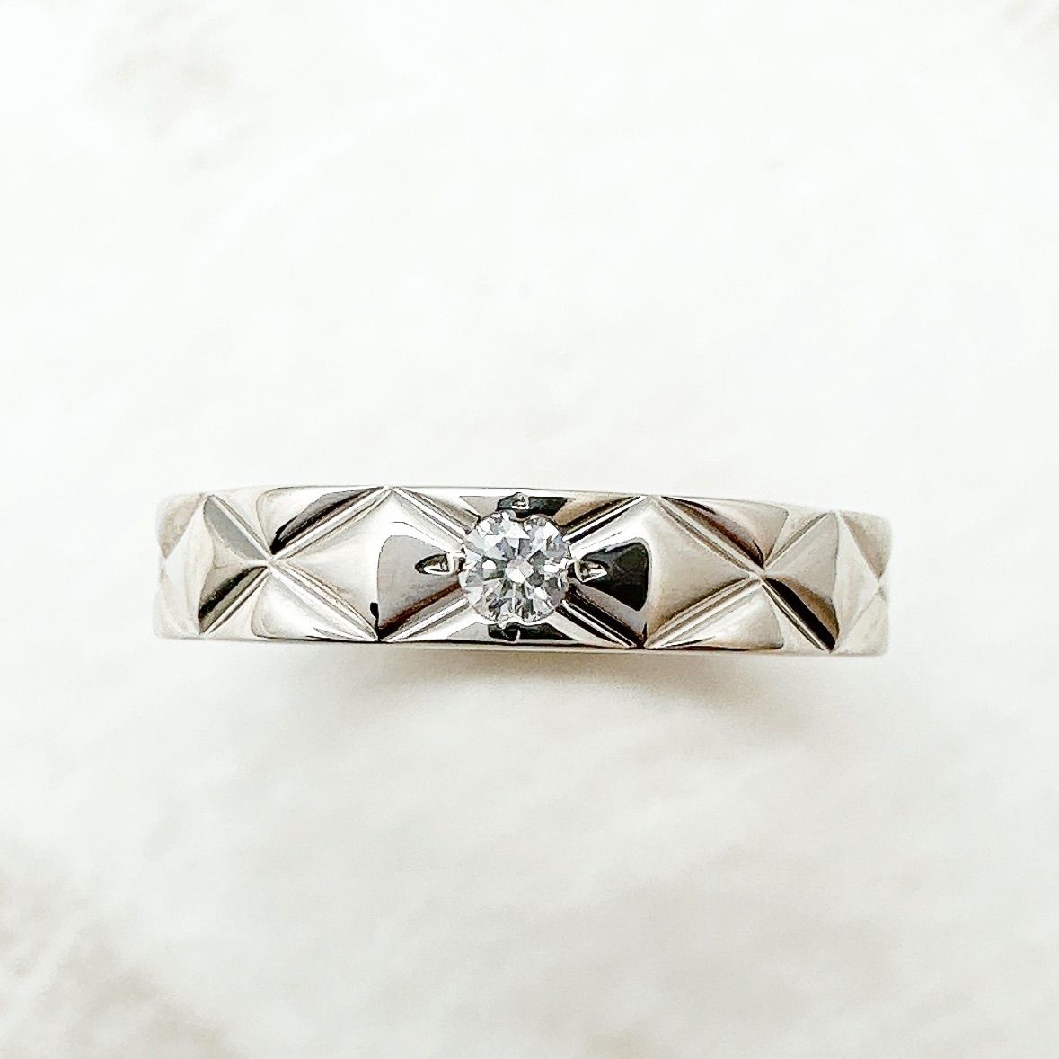 Chanel Quilted Diamond Platinum Ring 49
