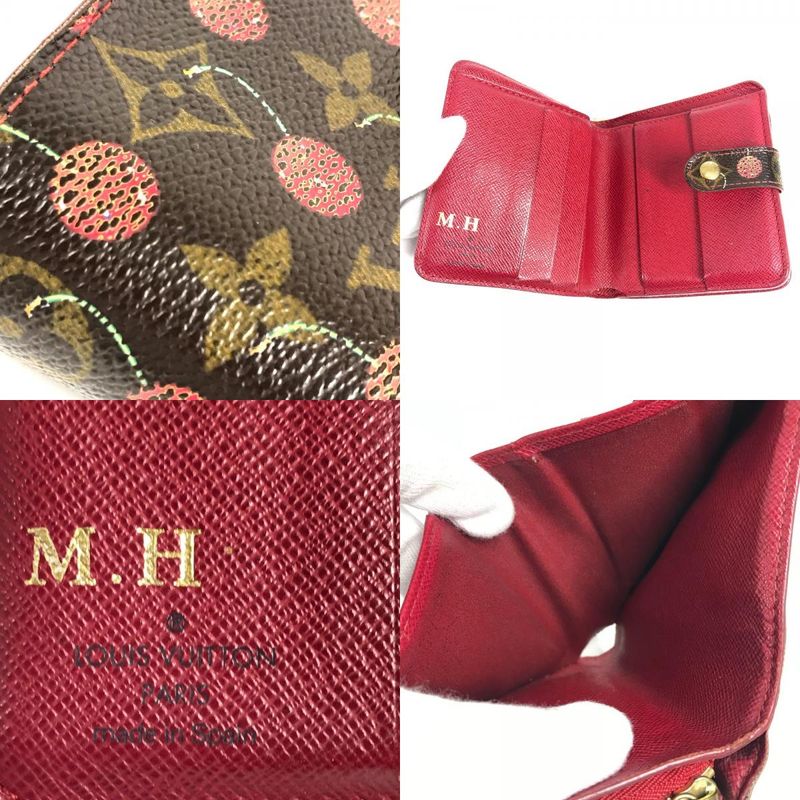 Louis Vuitton Bifold Wallet Compact Zip Monogram Cherry Canvas Brown X Red