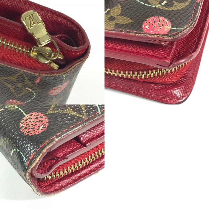 Louis Vuitton Bifold Wallet Compact Zip Monogram Cherry Canvas Brown X Red